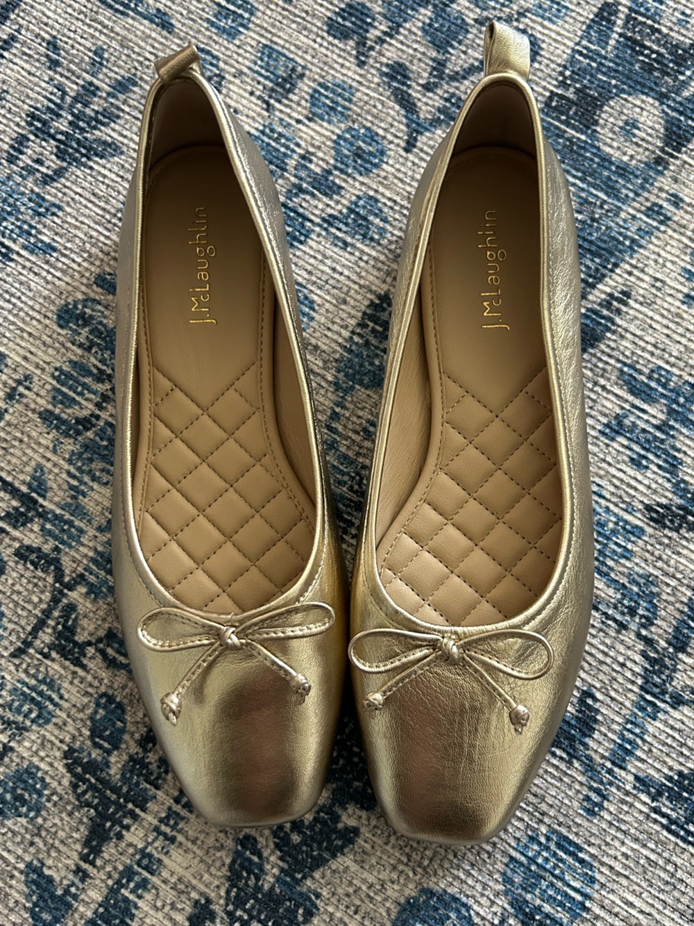 J.McLaughlin Viola Ballet Flats Gold Leather Square Toe Bow Shoes Women’s 7